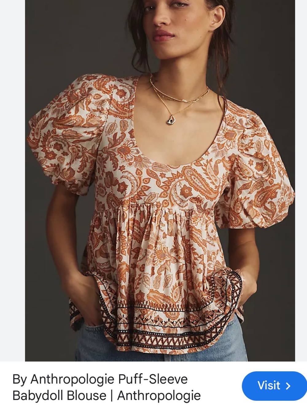 Anthropologie Cream and Rust Paisley Puff-Sleeve Babydoll Blouse